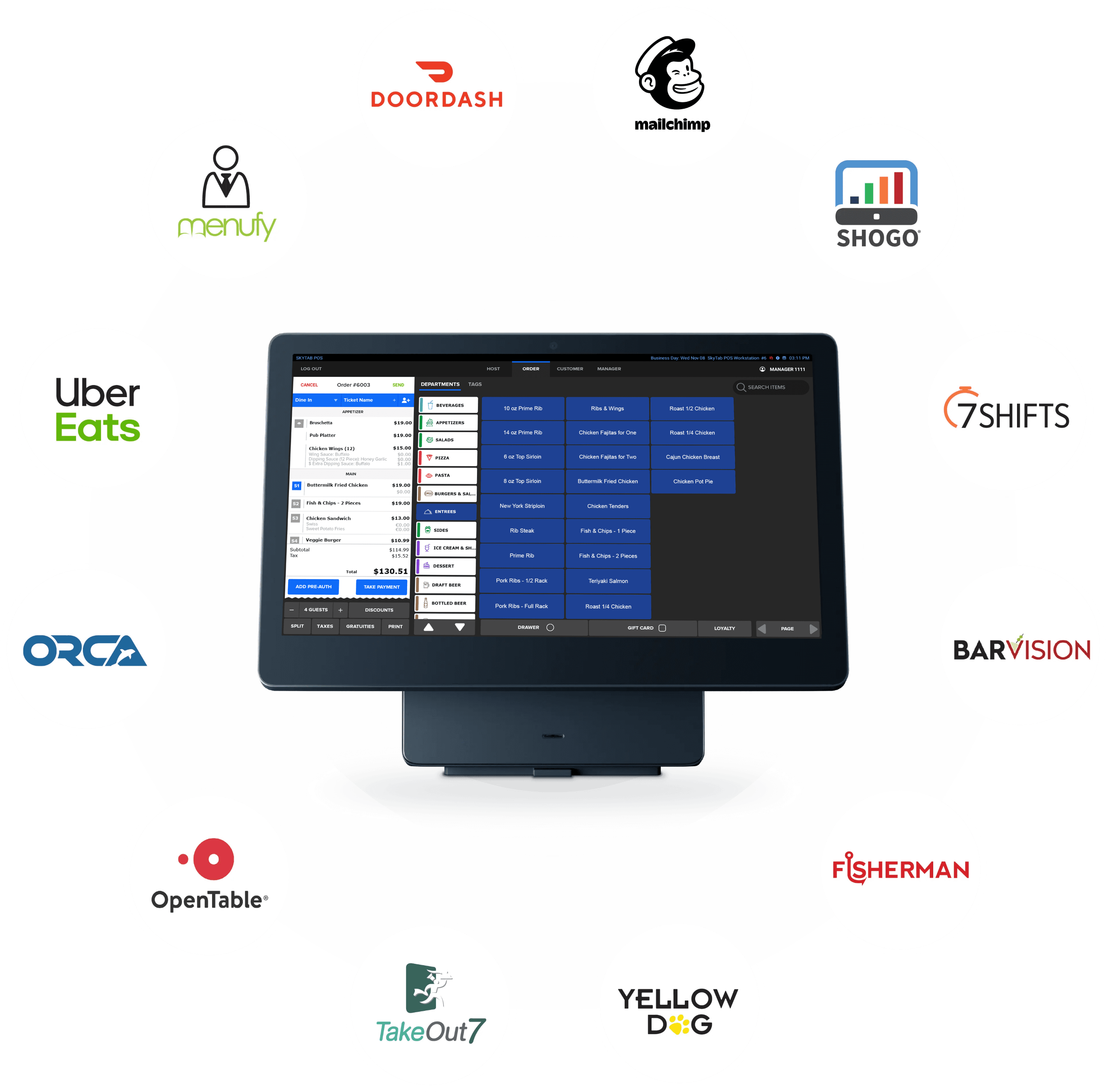 Shift4 Dine POS third-party integrations including DoorDash, Uber Eats, 7Shifts, OpenTable, and more